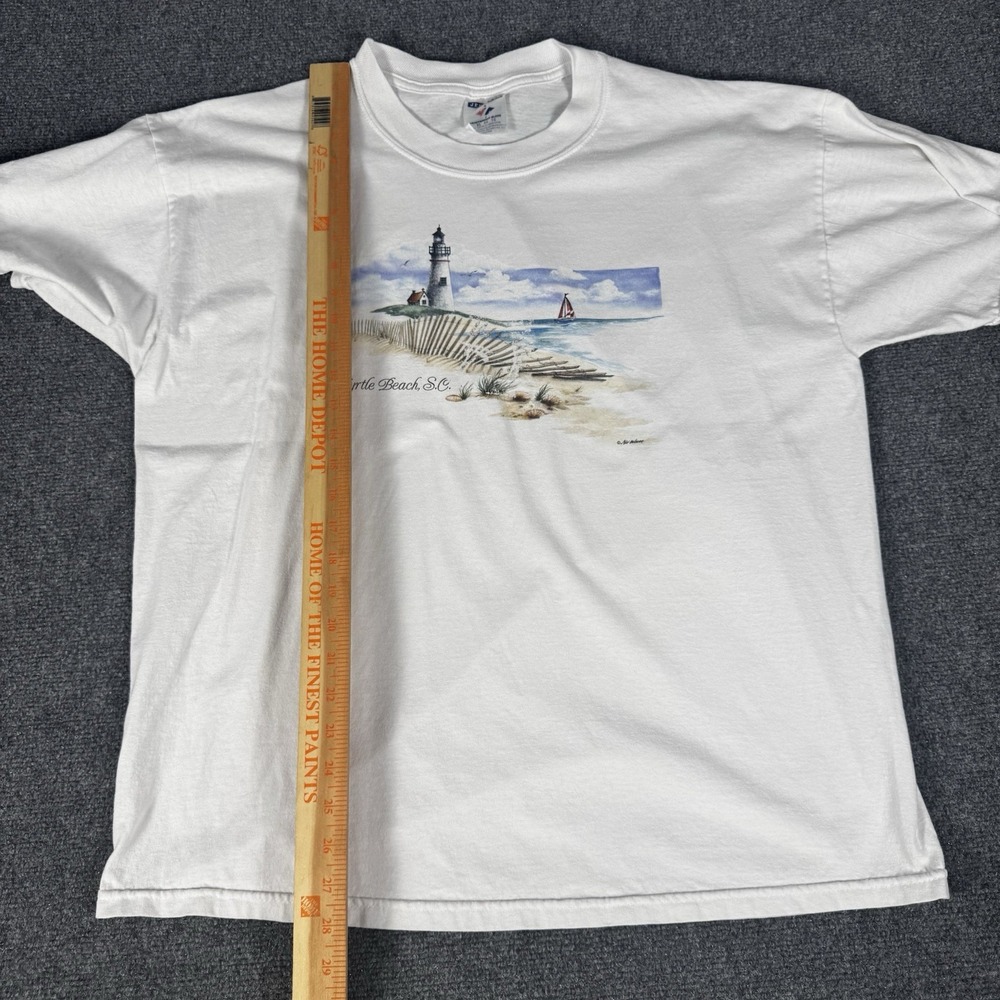 Vintage Myrtle Beach SC T Shirt White Watercolor Lighthouse Sailboat Beach Scene - Picture 6 of 8